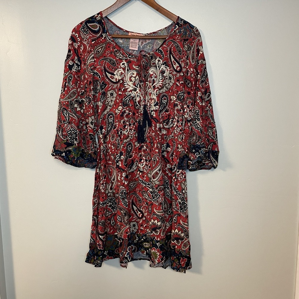Flying Tomato Women's Dress Size Large‎ Red Floral Long Bell Sleeve Mini Dress